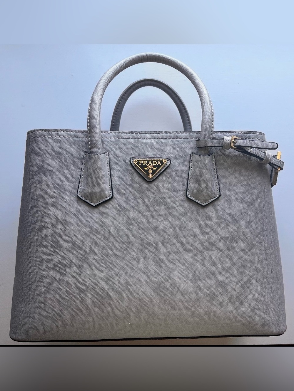Prada Grey Saffiano Satchel with Gold Logo